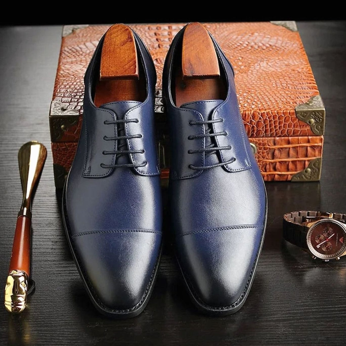 Men's Cap-Toe Lace-Up Leather Oxford Dress Shoes - Blue