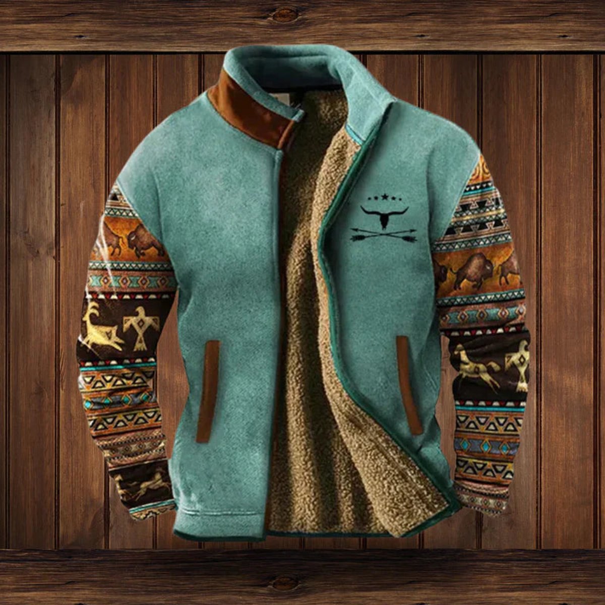 Mens Cardigan Aztec Print Sherpa-Lined Full-Zip Fleece Jacket - Blue with Print