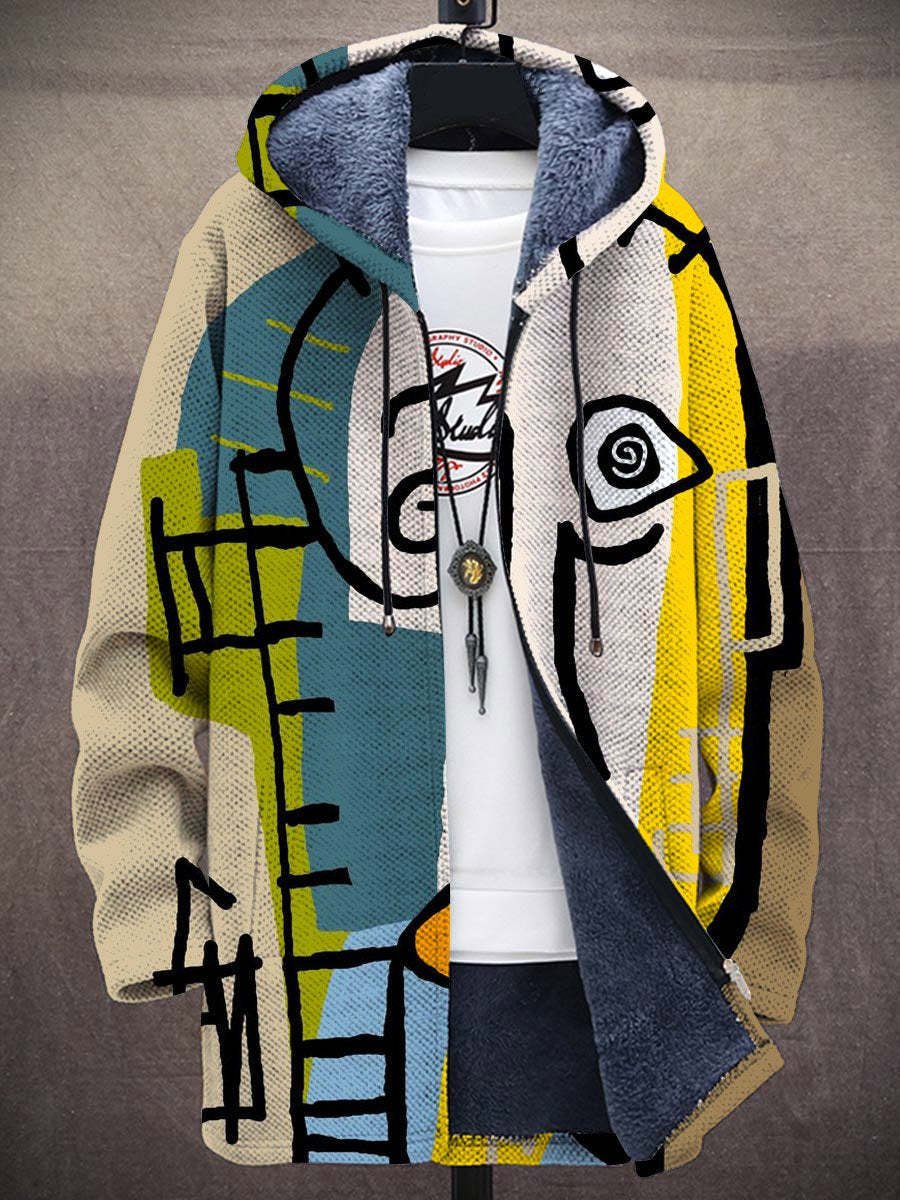 Mens Cardigan Fleece-Lined Hooded Abstract Art Zip-Up Jacket - Multicolour