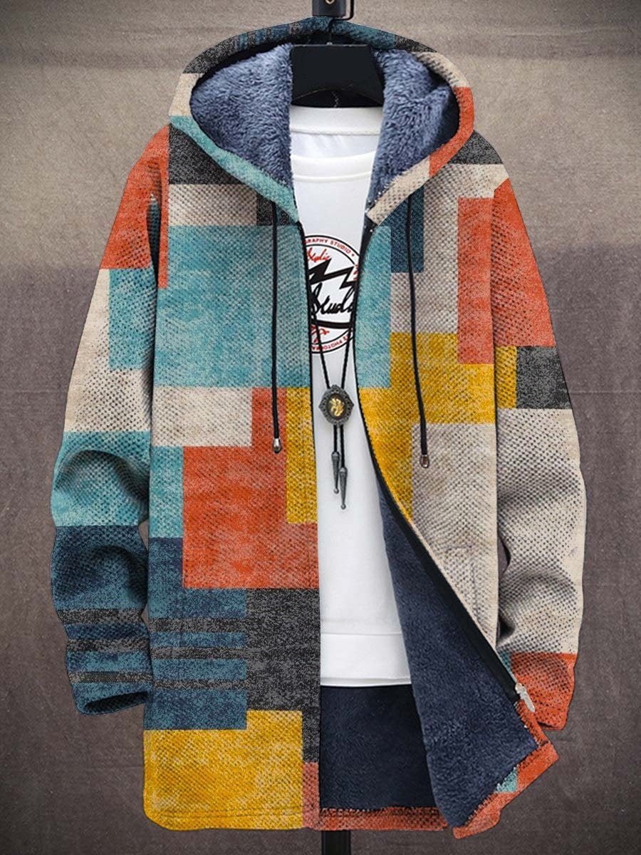 Mens Cardigan Fleece-Lined Zip-Up Abstract Art Hoodie - Multicolour