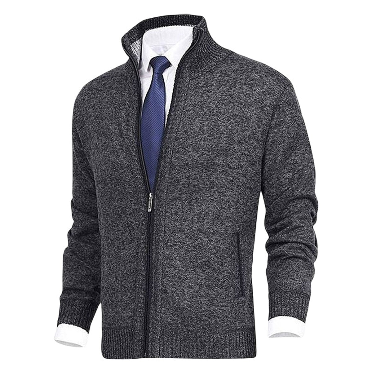 Mens Cardigan Full-Zip Knit Fleece-Lined Stand-Collar Jumper