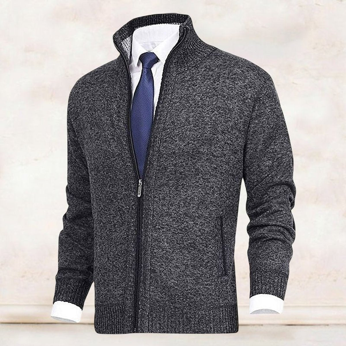 Mens Cardigan Full-Zip Knit Fleece-Lined Stand-Collar Jumper