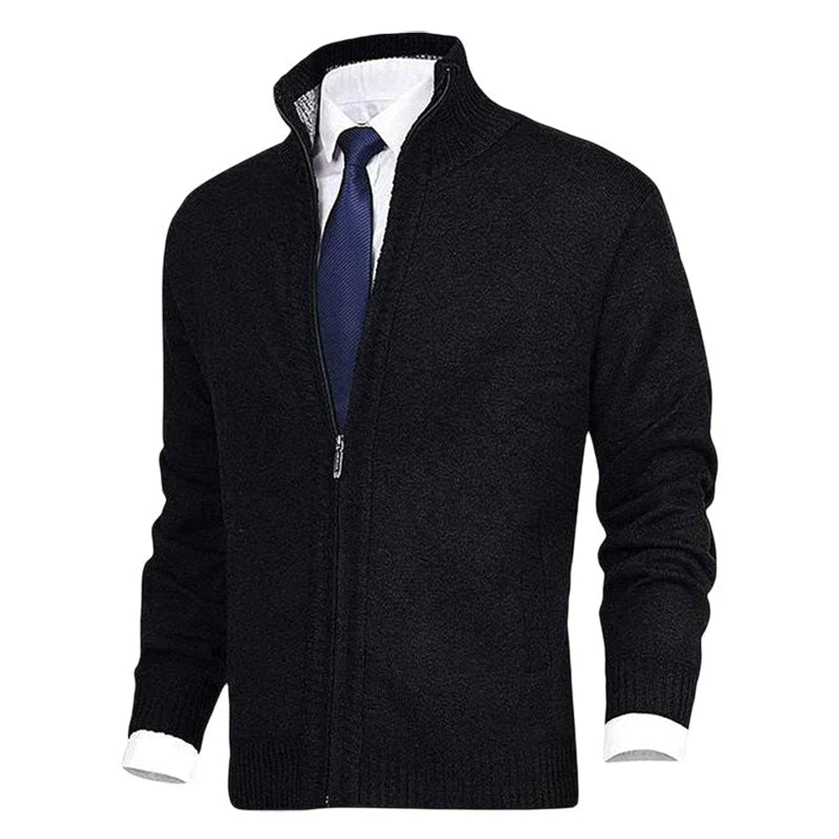 Mens Cardigan Full-Zip Knit Fleece-Lined Stand-Collar Jumper
