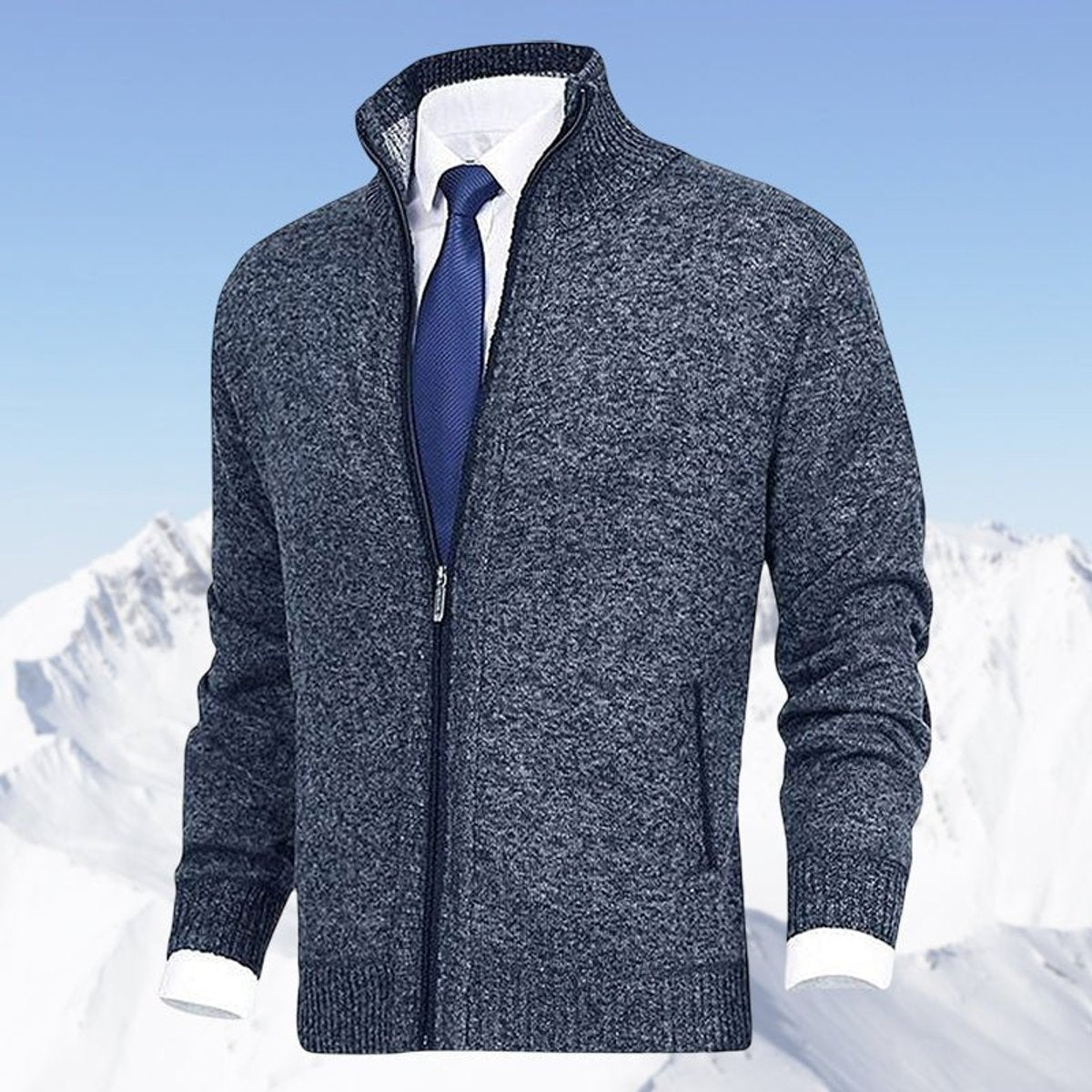 Mens Cardigan Full-Zip Knit Fleece-Lined Stand-Collar Jumper - Blue