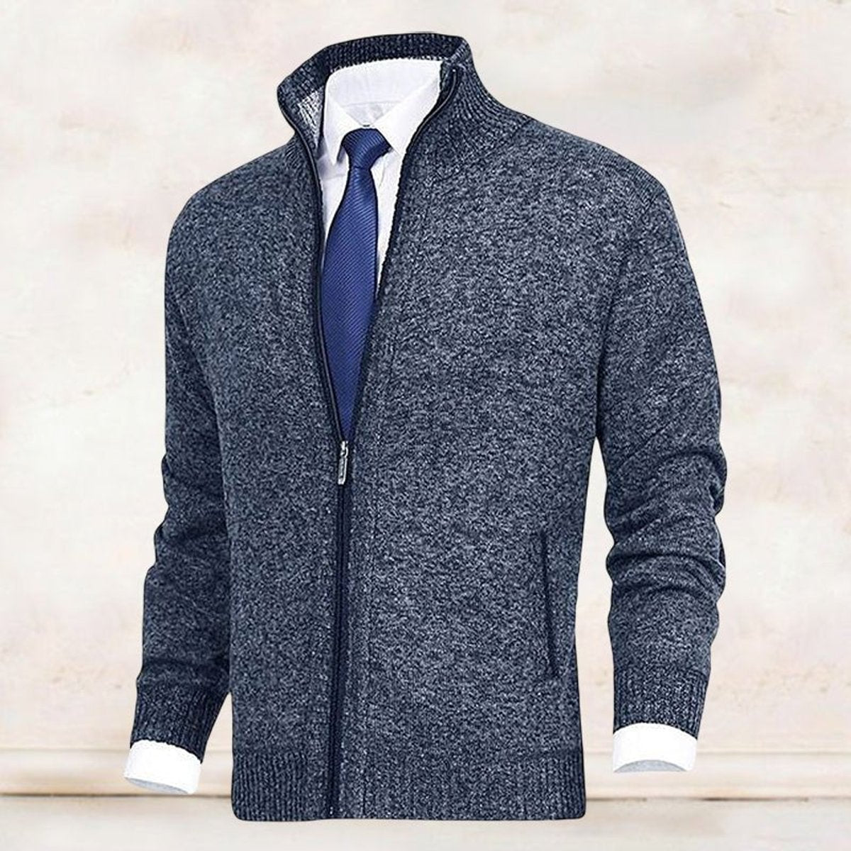 Mens Cardigan Full-Zip Knit Fleece-Lined Stand-Collar Jumper