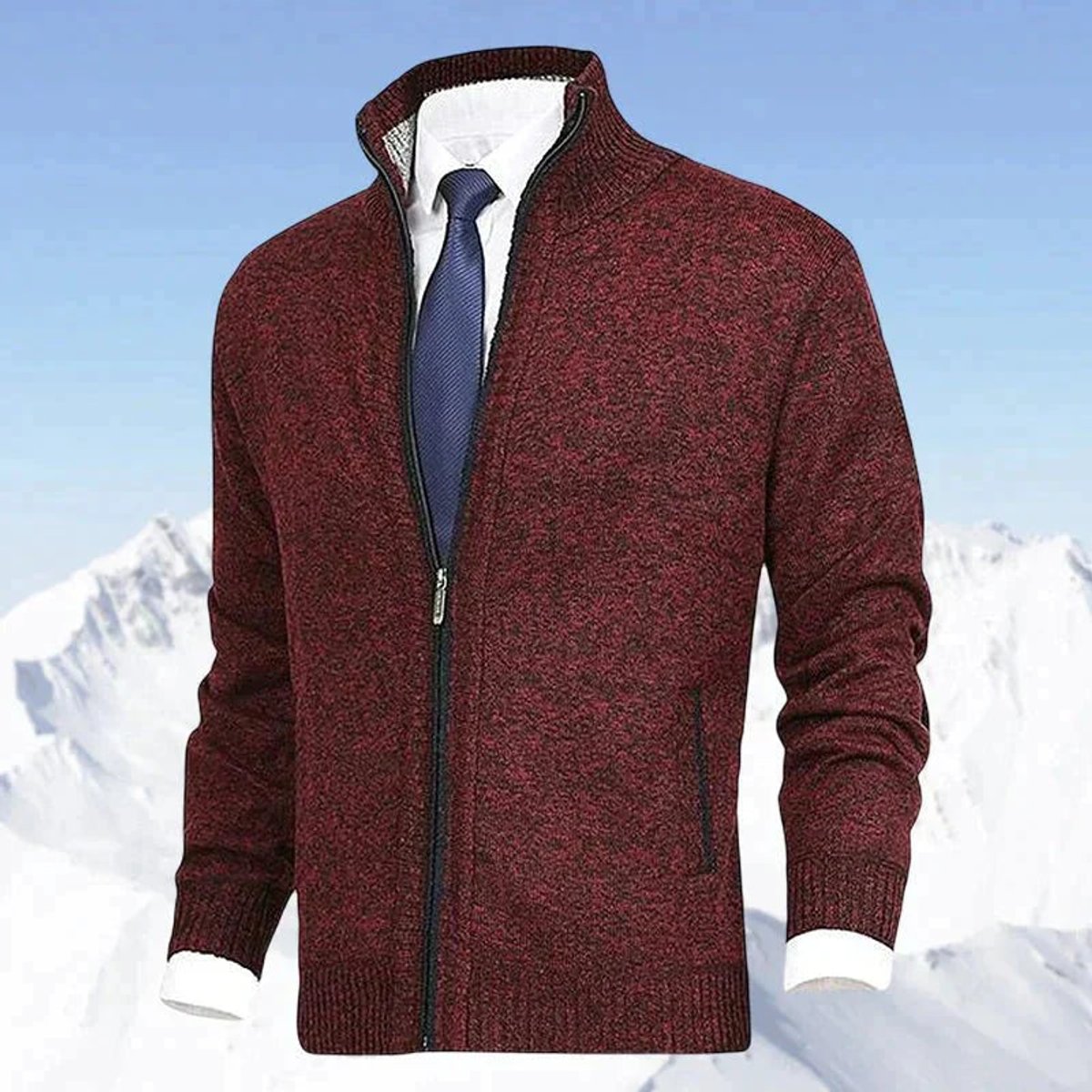 Mens Cardigan Full-Zip Knit Fleece-Lined Stand-Collar Jumper - Red