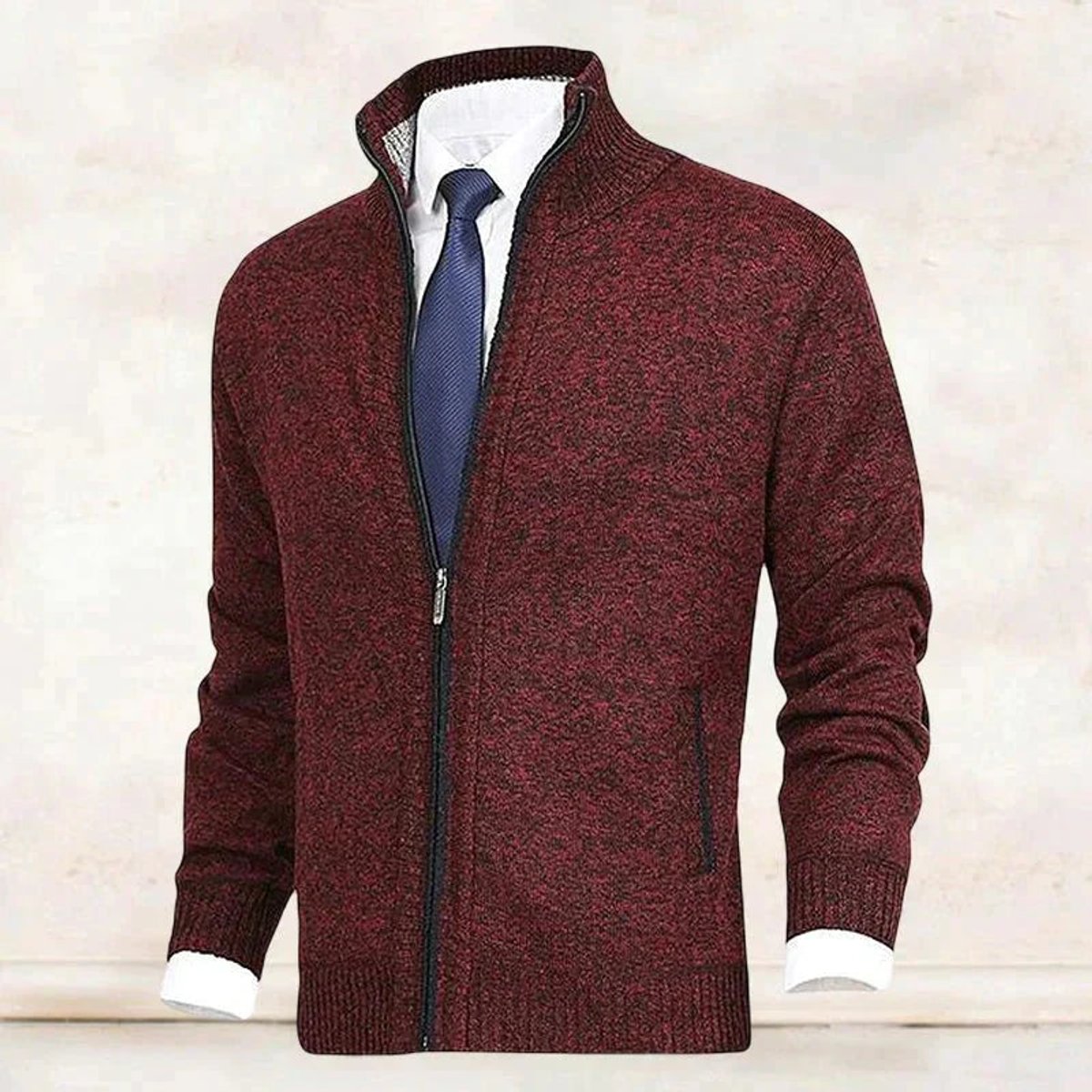 Mens Cardigan Full-Zip Knit Fleece-Lined Stand-Collar Jumper