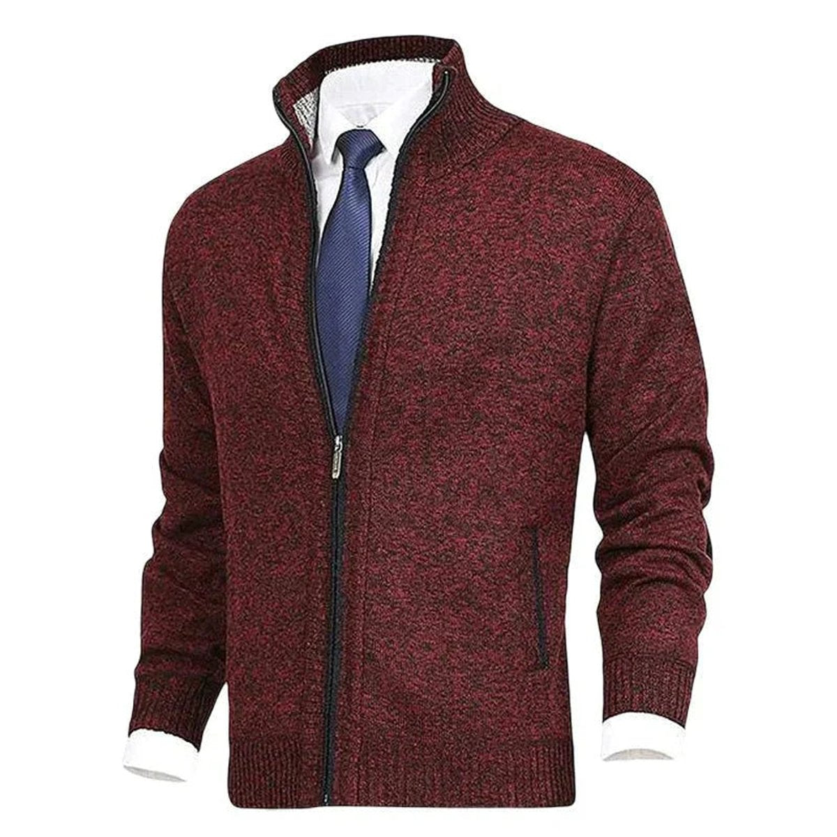 Mens Cardigan Full-Zip Knit Fleece-Lined Stand-Collar Jumper