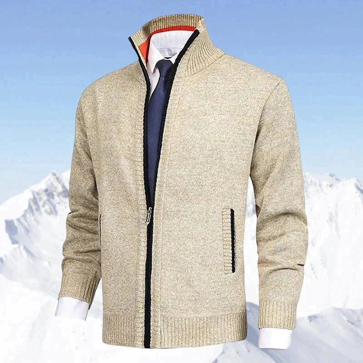 Mens Cardigan Full-Zip Knit Fleece-Lined Stand-Collar Jumper - Beige
