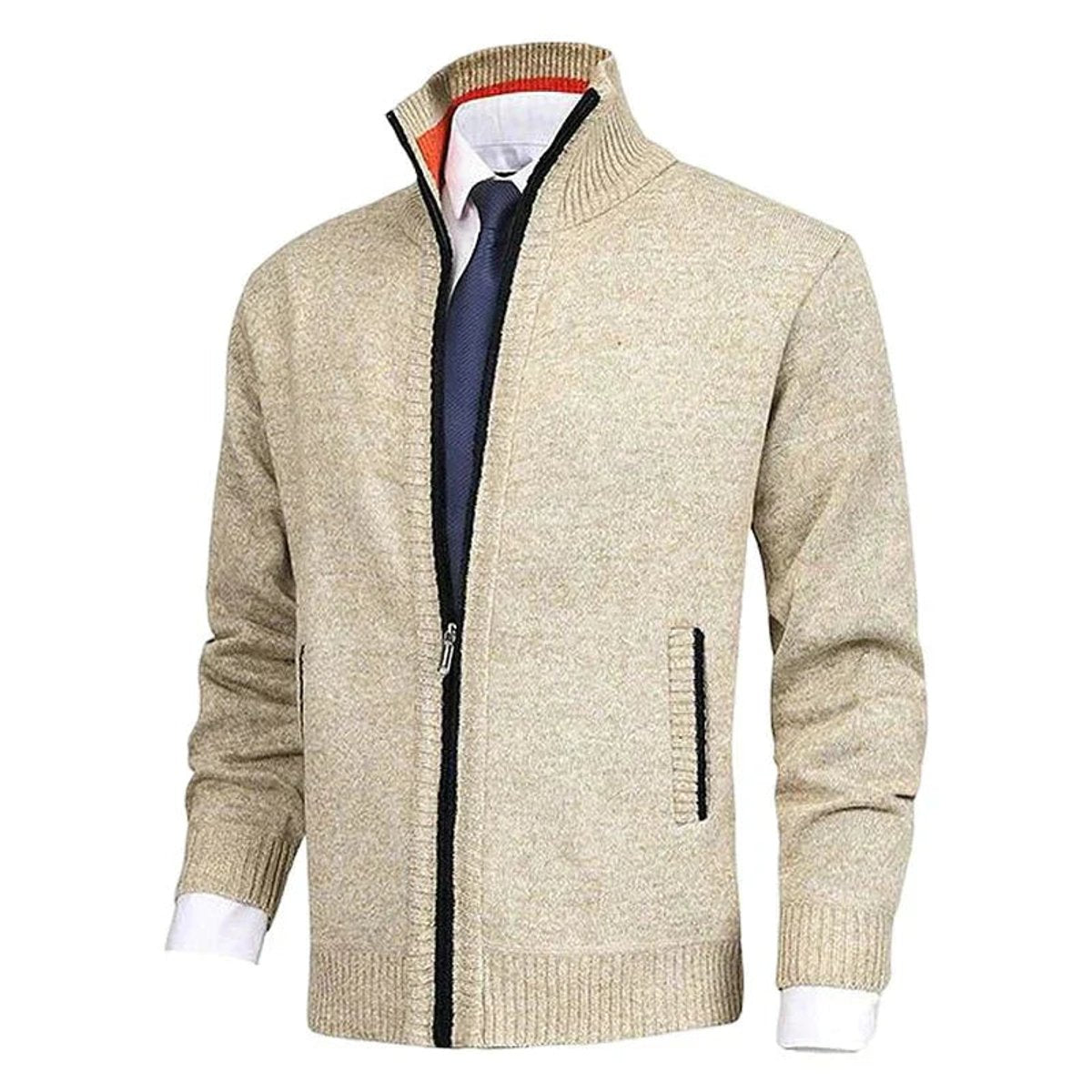 Mens Cardigan Full-Zip Knit Fleece-Lined Stand-Collar Jumper