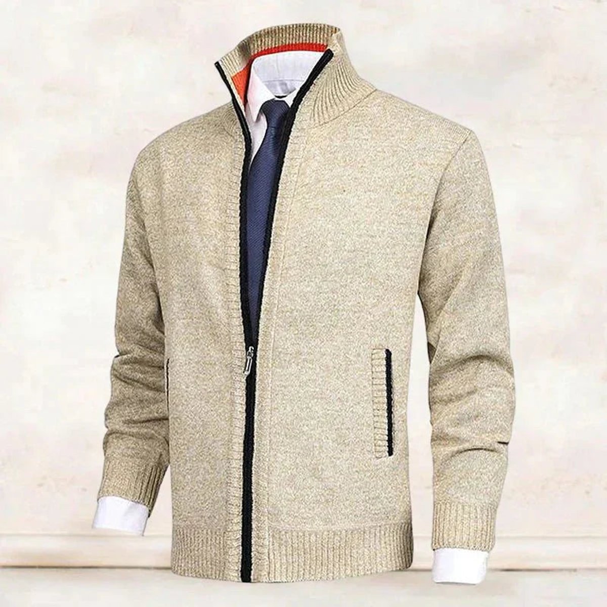 Mens Cardigan Full-Zip Knit Fleece-Lined Stand-Collar Jumper