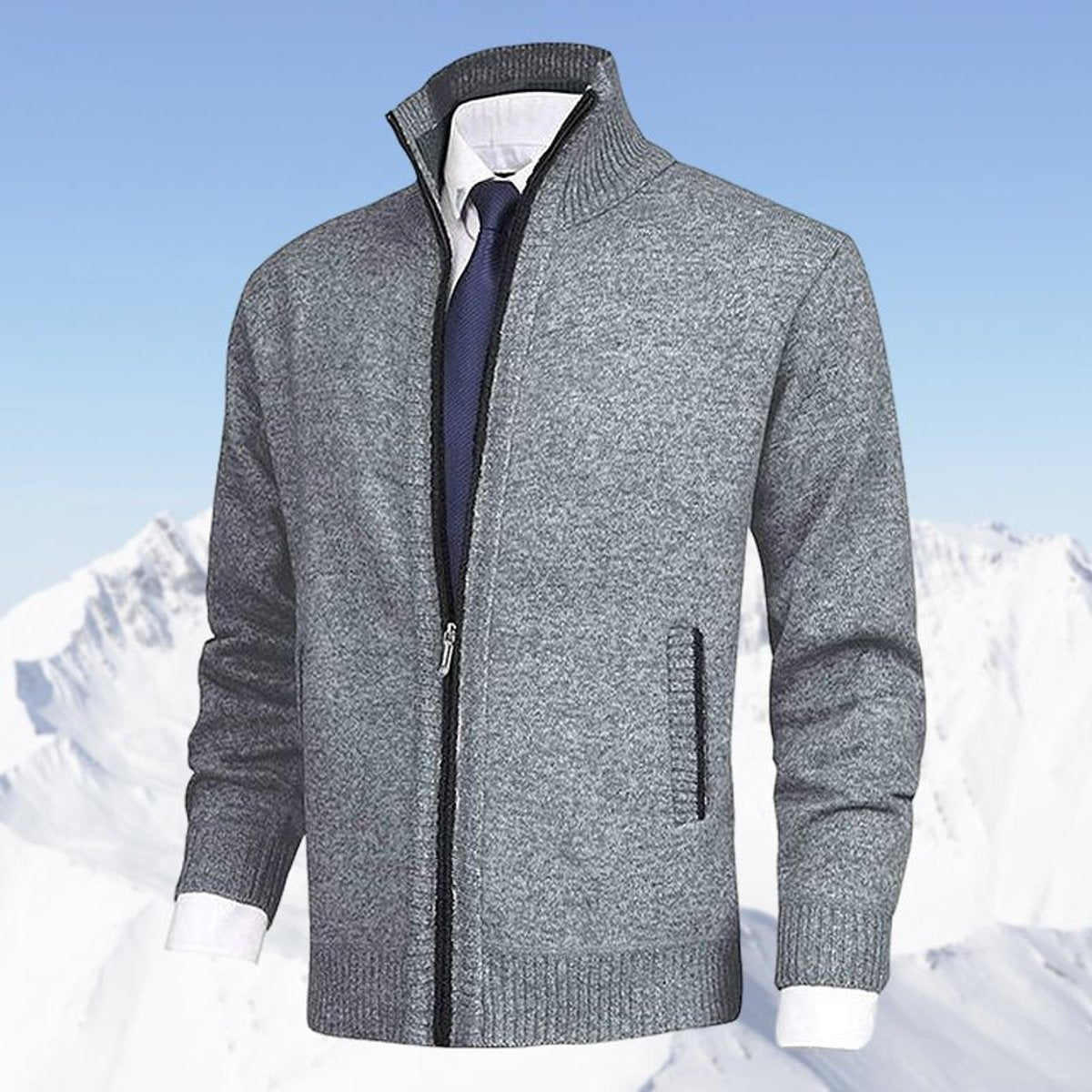 Mens Cardigan Full-Zip Knit Fleece-Lined Stand-Collar Jumper - Light Grey