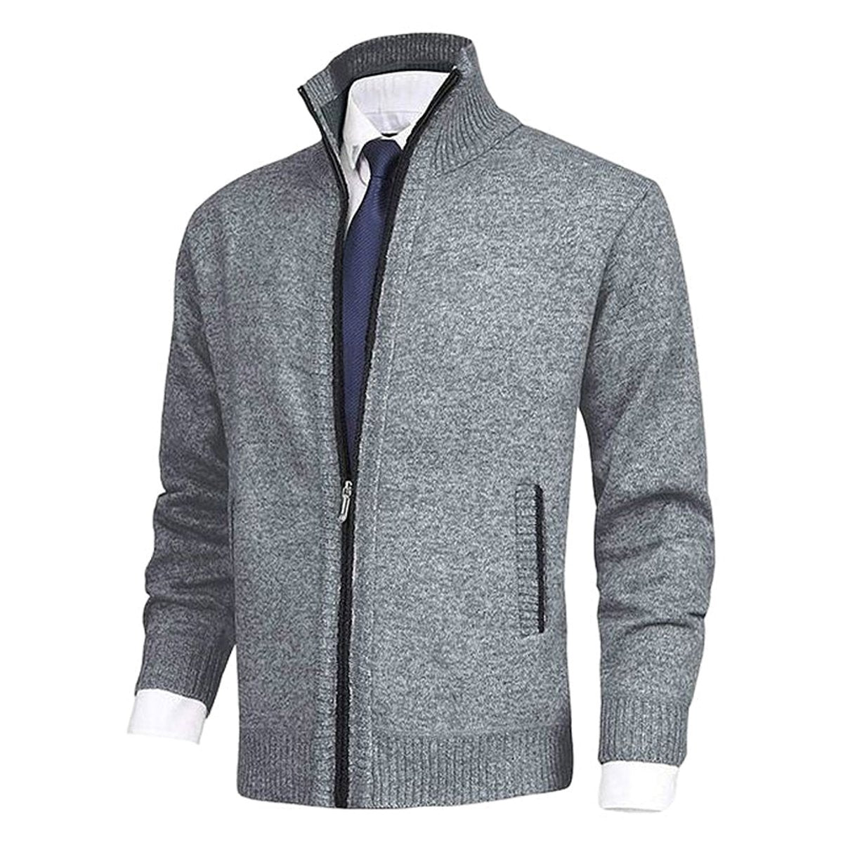 Mens Cardigan Full-Zip Knit Fleece-Lined Stand-Collar Jumper
