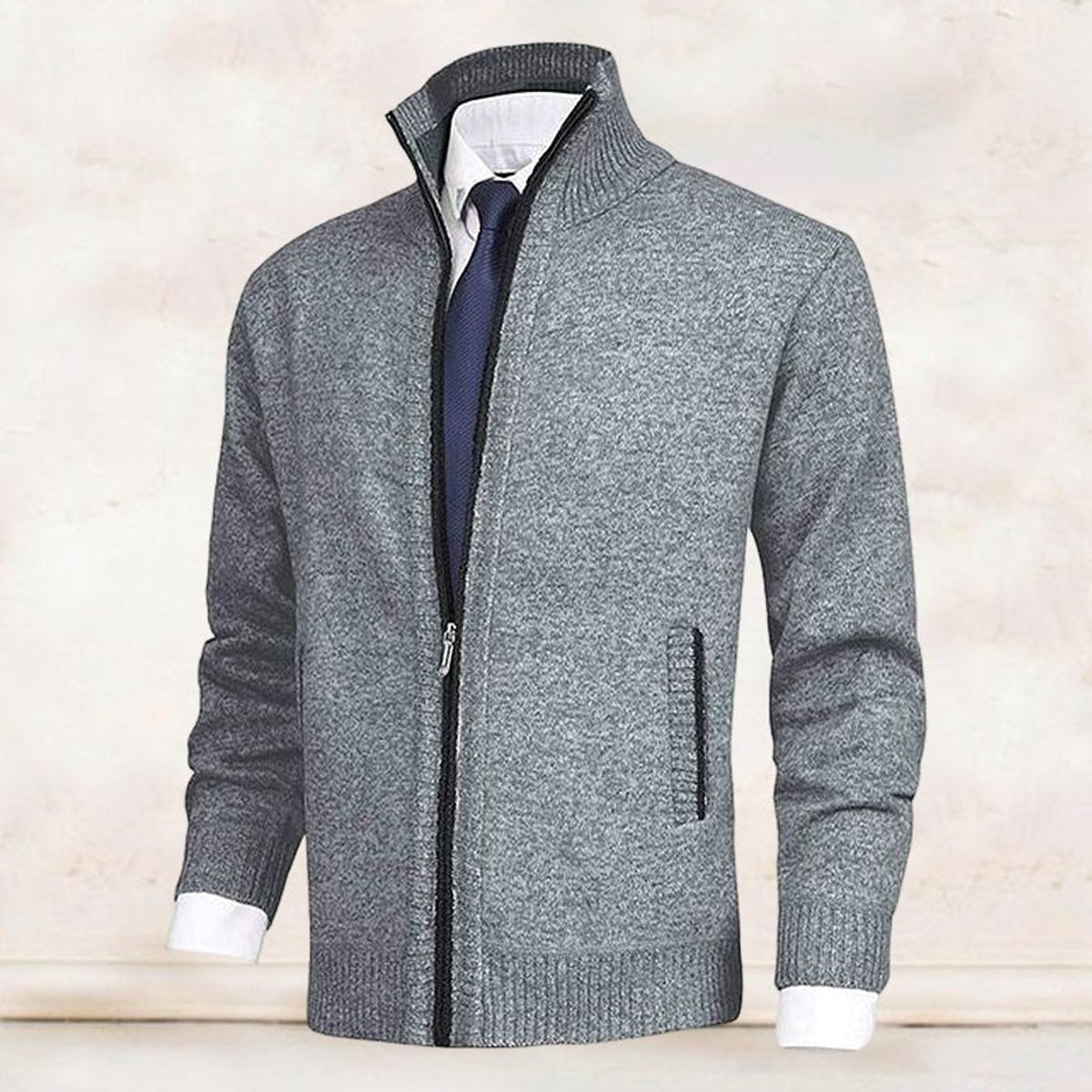 Mens Cardigan Full-Zip Knit Fleece-Lined Stand-Collar Jumper