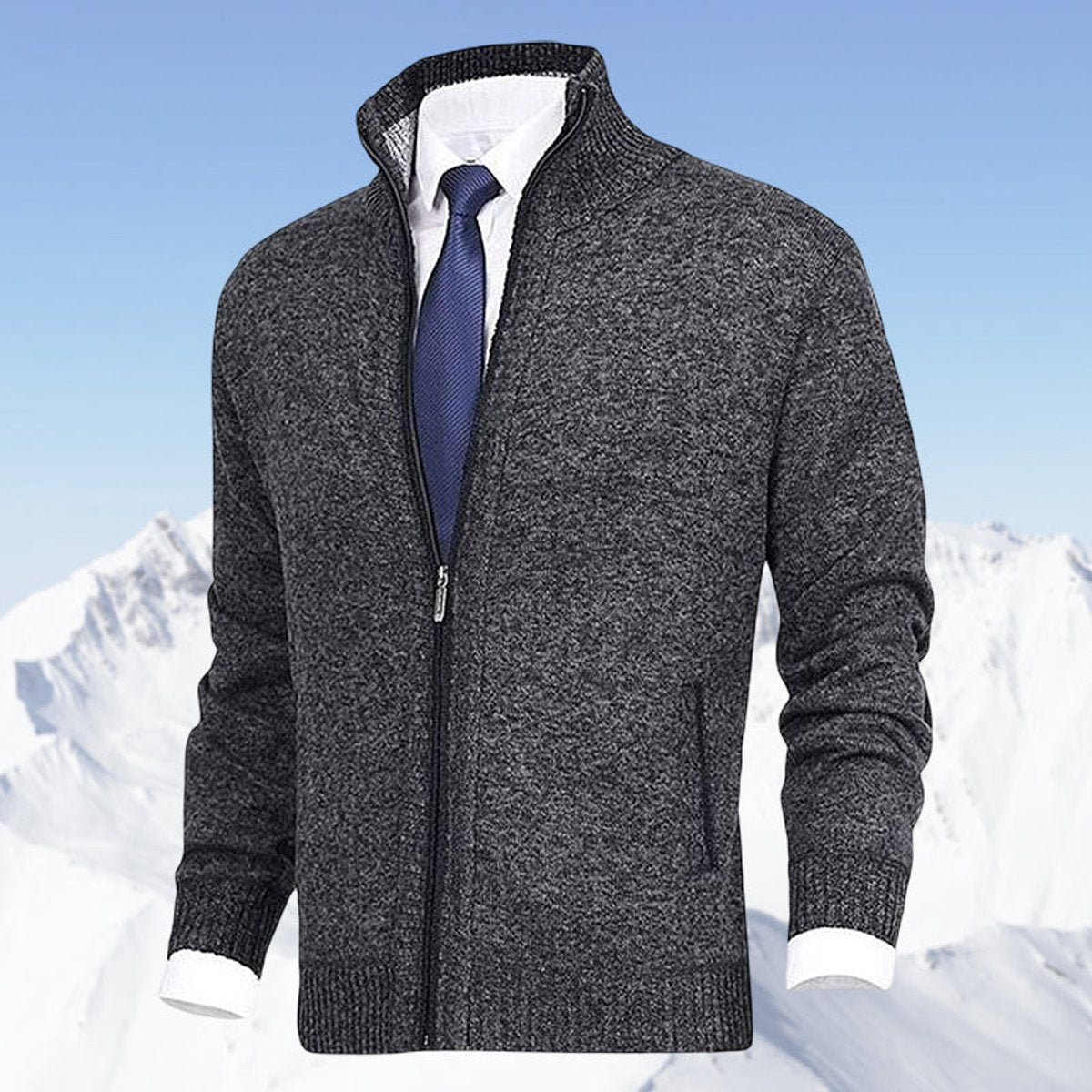 Mens Cardigan Full-Zip Knit Fleece-Lined Stand-Collar Jumper - Dark Grey