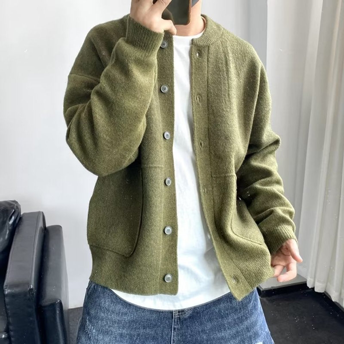 Mens Cardigan Relaxed Fit Button-Up Knit Bomber Jacket - Green
