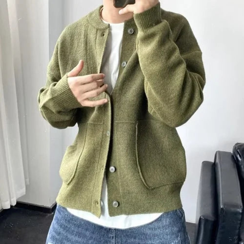 Mens Cardigan Relaxed Fit Button-Up Knit Bomber Jacket
