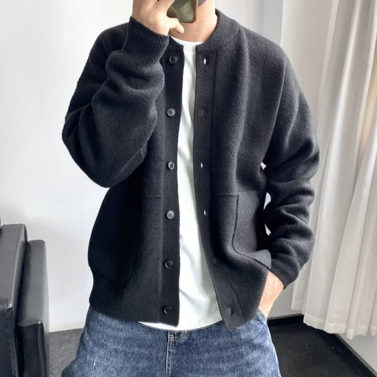Mens Cardigan Relaxed Fit Button-Up Knit Bomber Jacket - Black
