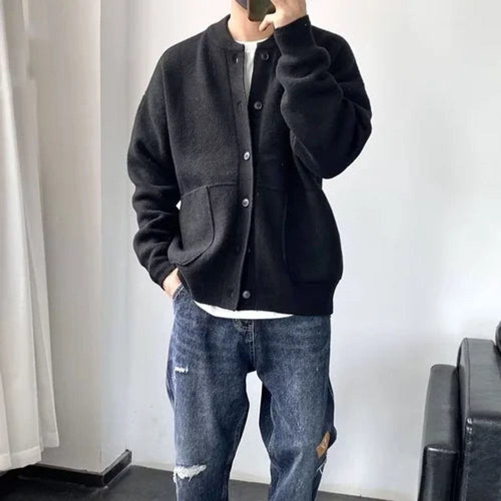 Mens Cardigan Relaxed Fit Button-Up Knit Bomber Jacket