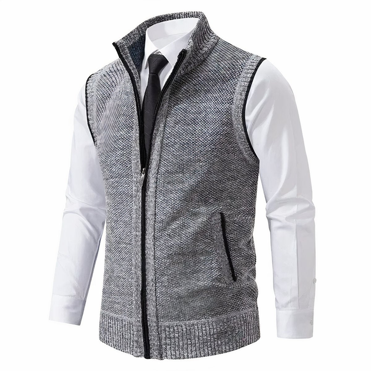 Mens Cardigan Sleeveless Zip-Up Knit Sweater Vest - Light Grey