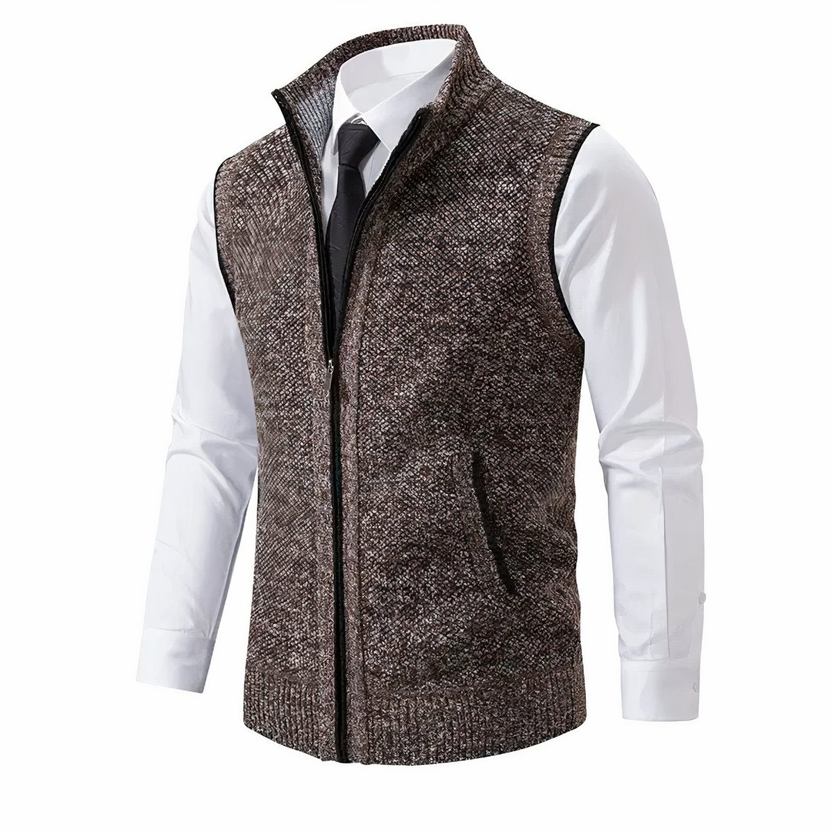 Mens Cardigan Sleeveless Zip-Up Knit Sweater Vest - Brown