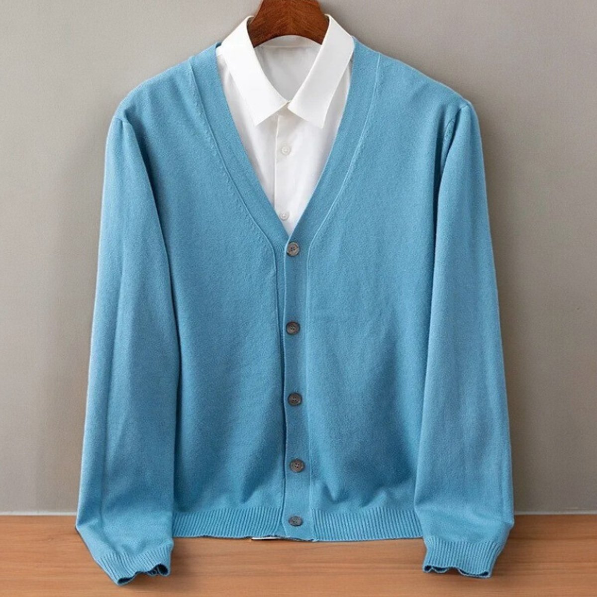 Men's Cashmere Blend V-Neck Button-Up Cardigan Jumper - Sky Blue