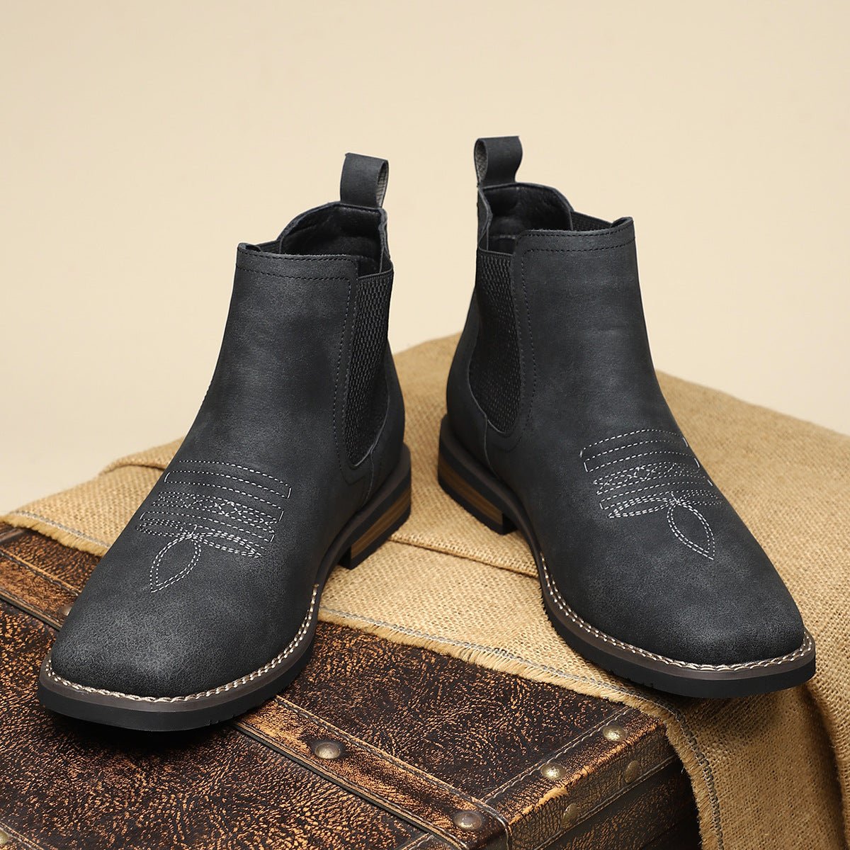 Mens Chelsea Boots Slip-On Western-Stitch Ankle Boot - Midnight Black