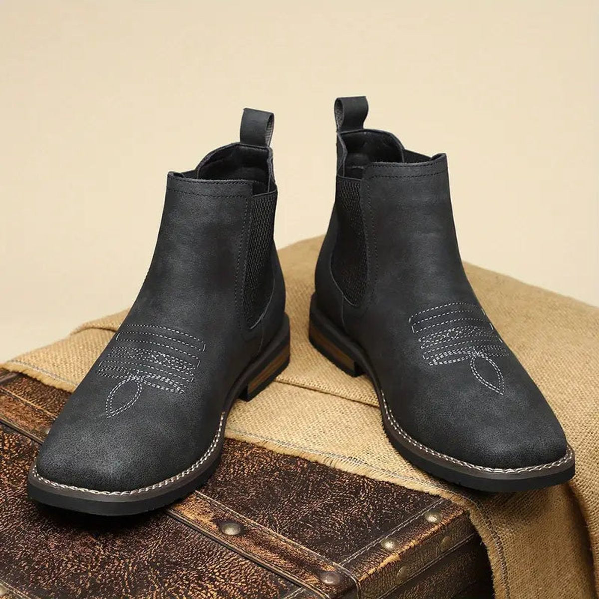Mens Chelsea Boots Slip-On Western-Stitch Ankle Boot
