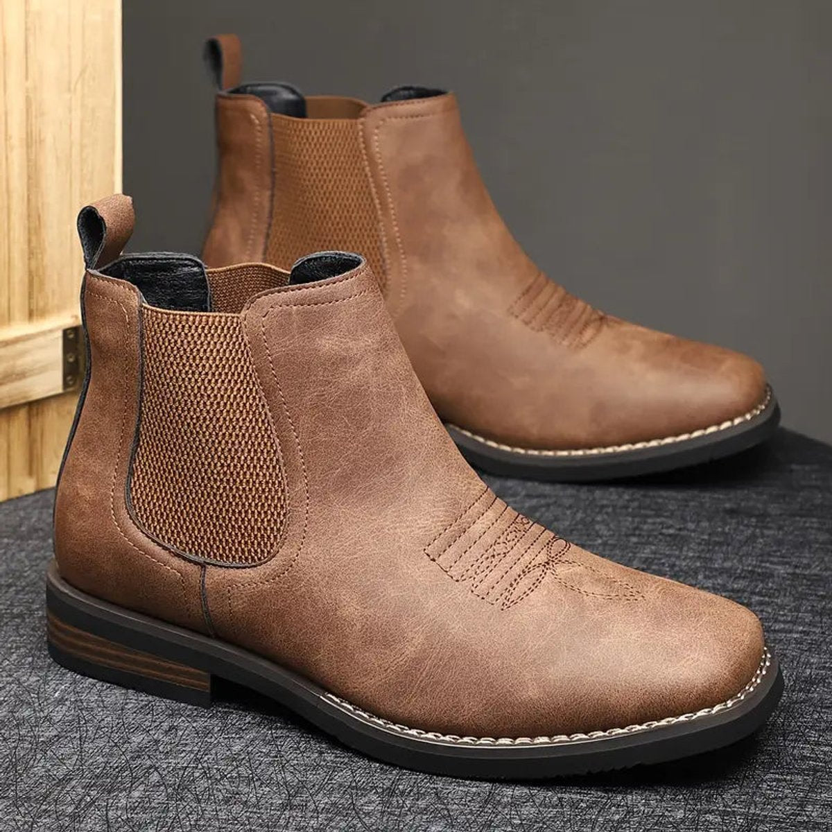 Mens Chelsea Boots Slip-On Western-Stitch Ankle Boot