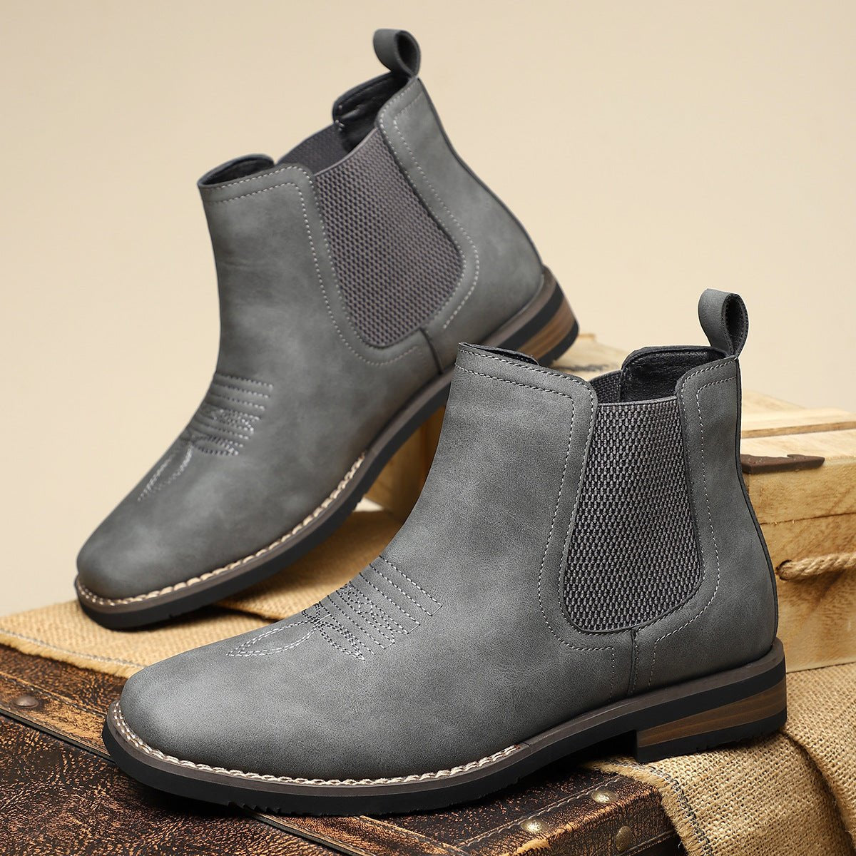 Mens Chelsea Boots Slip-On Western-Stitch Ankle Boot - Charcoal
