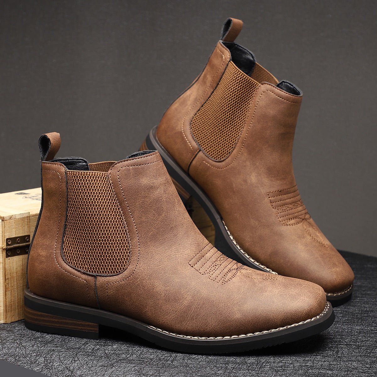 Mens Chelsea Boots Slip-On Western-Stitch Ankle Boot - Chestnut Brown
