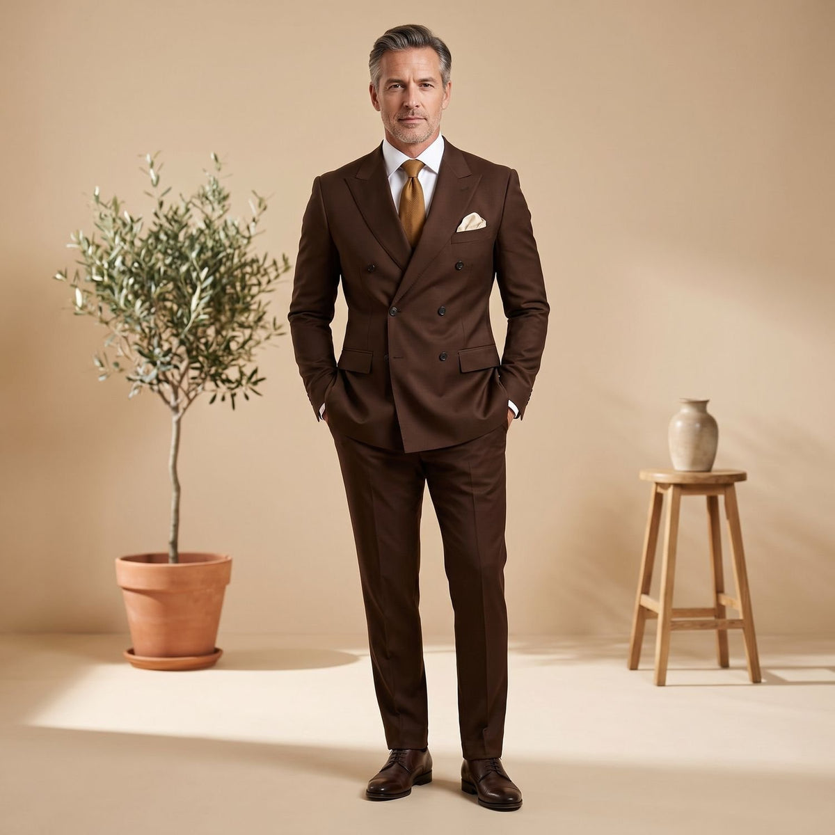 Men's Classic Double-Breasted Tailored Two-Piece Suit - Brown