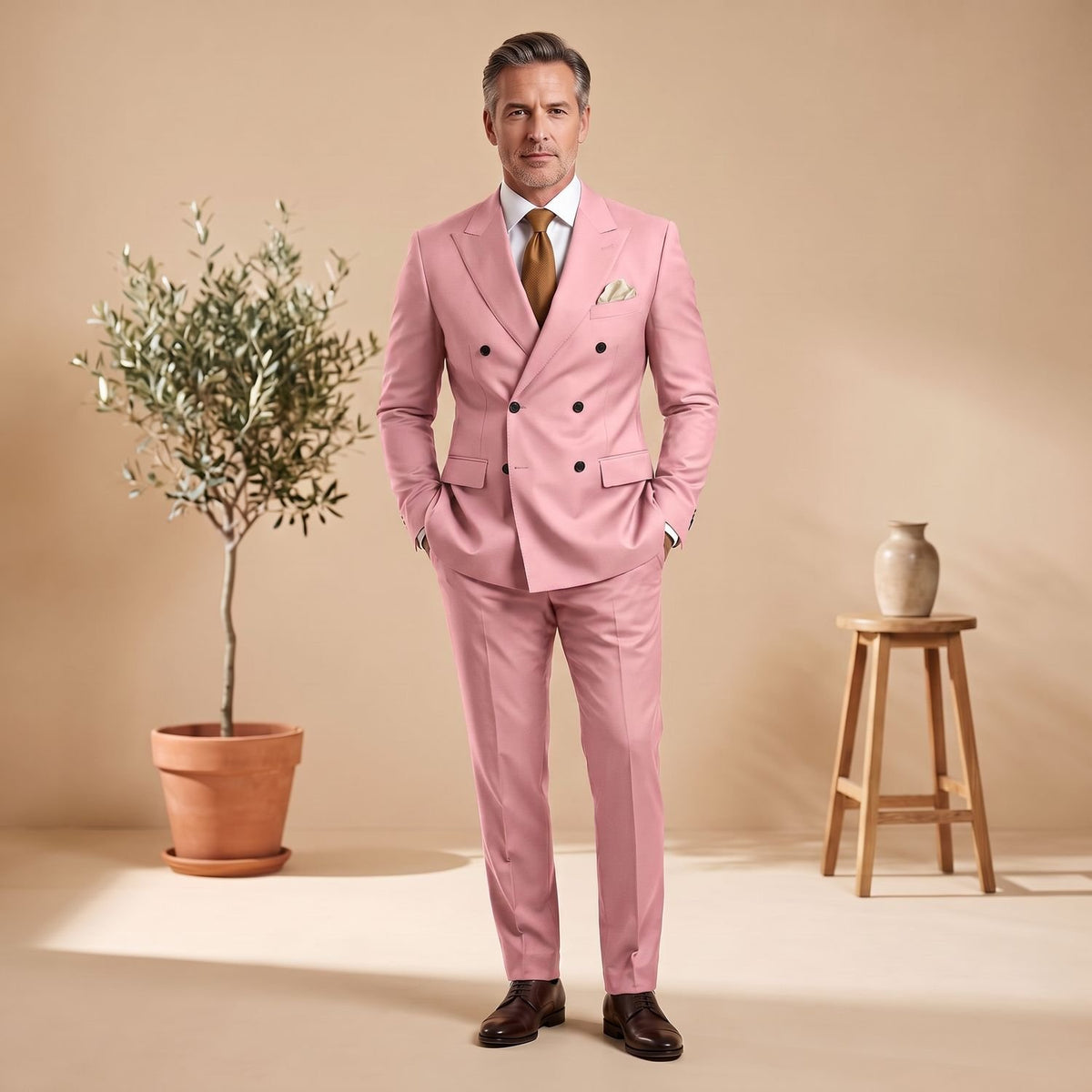 Men's Classic Double-Breasted Tailored Two-Piece Suit - Pink