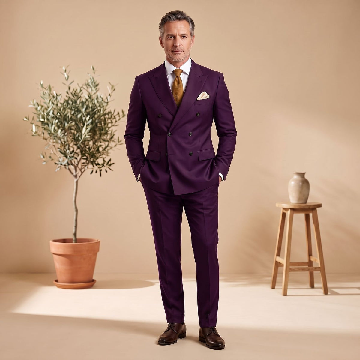 Men's Classic Double-Breasted Tailored Two-Piece Suit - Purple