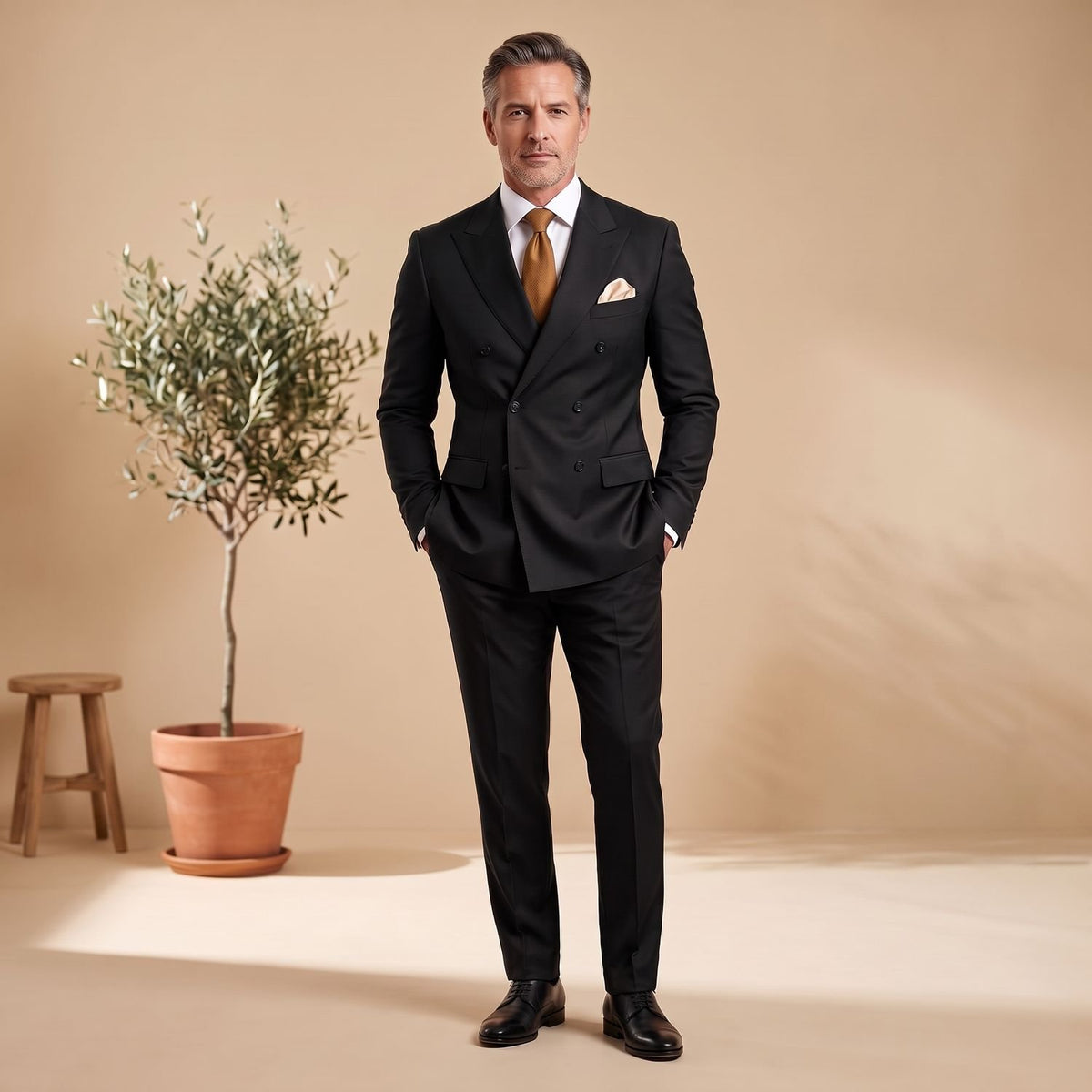 Men's Classic Double-Breasted Tailored Two-Piece Suit - Black