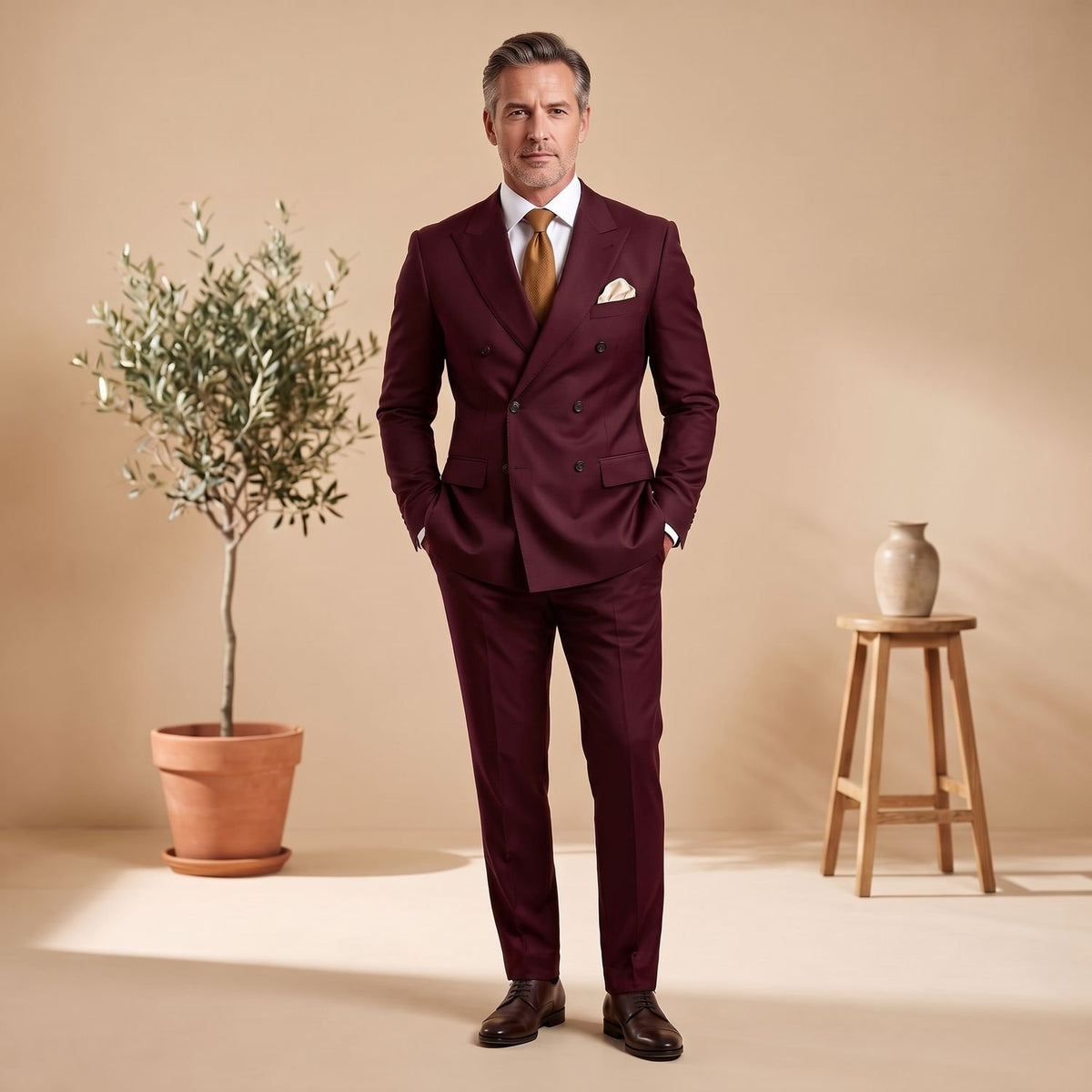 Men's Classic Double-Breasted Tailored Two-Piece Suit - Burgundy