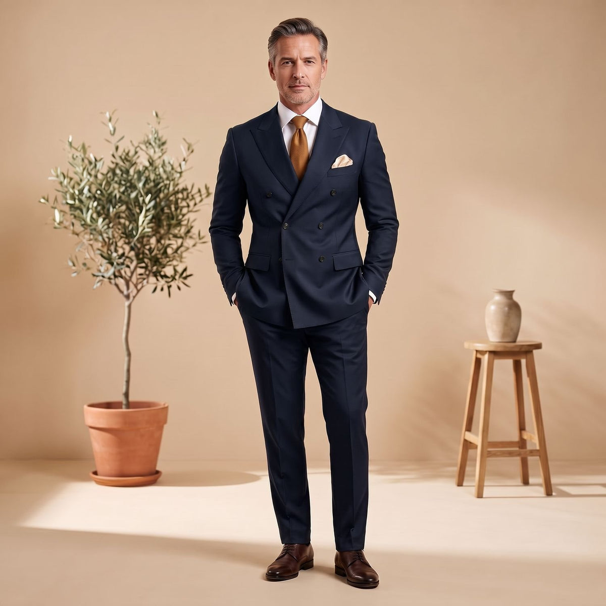 Men's Classic Double-Breasted Tailored Two-Piece Suit - Dark Navy