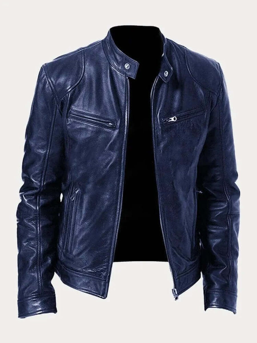 Men's Classic Slim-Fit Biker Leather Jacket - Dark Blue
