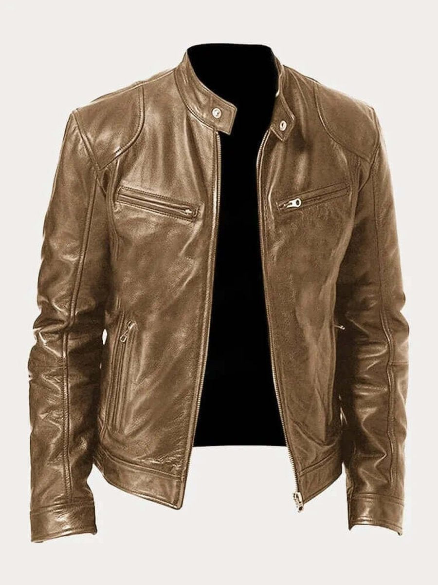 Men's Classic Slim-Fit Biker Leather Jacket - Khaki