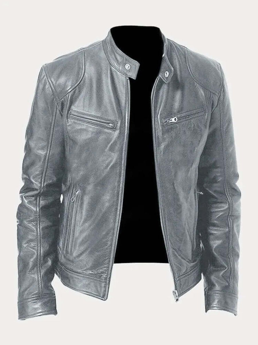 Men's Classic Slim-Fit Biker Leather Jacket - Grey