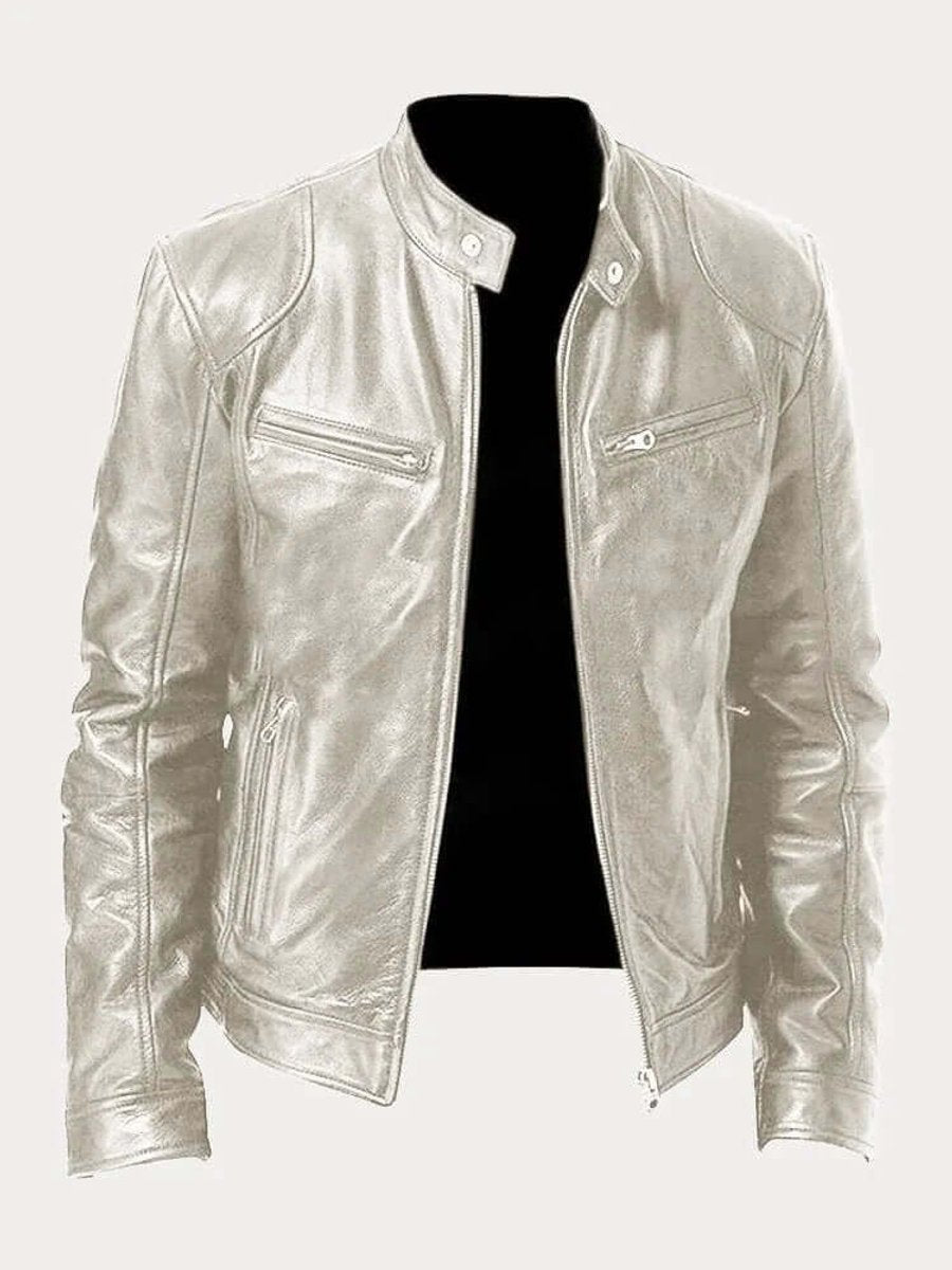 Men's Classic Slim-Fit Biker Leather Jacket - Silver