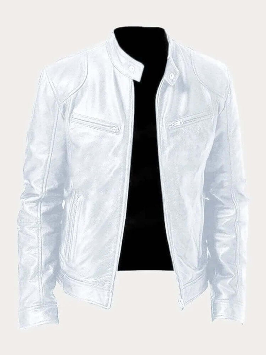 Men's Classic Slim-Fit Biker Leather Jacket - White