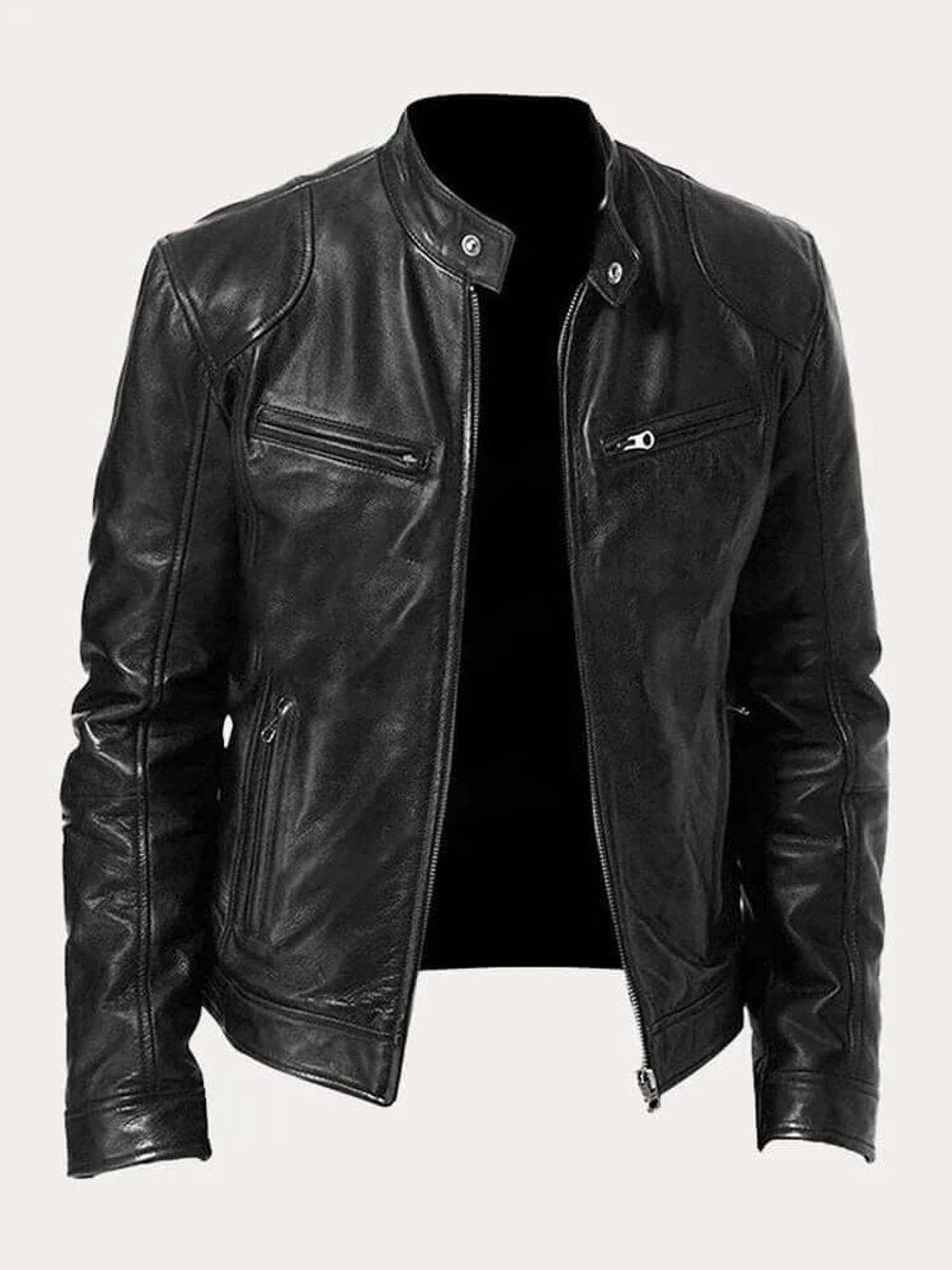 Men's Classic Slim-Fit Biker Leather Jacket - Black