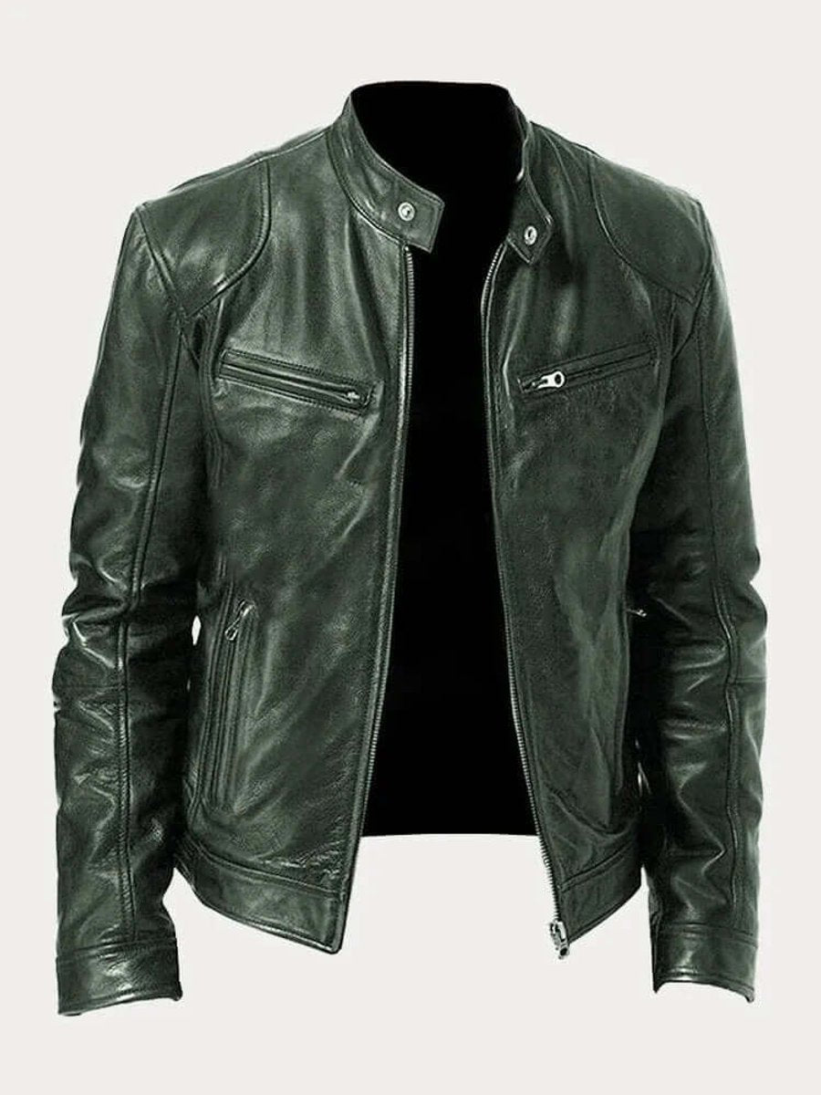 Men's Classic Slim-Fit Biker Leather Jacket - Military Green