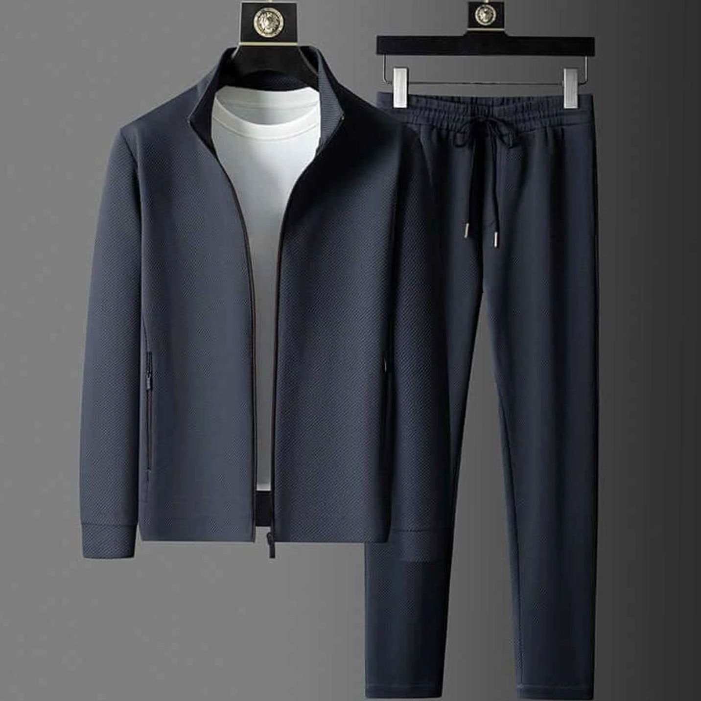 Men's Classic Zip-Up Tapered Activewear Suit Two-Piece Set - Navy Blue