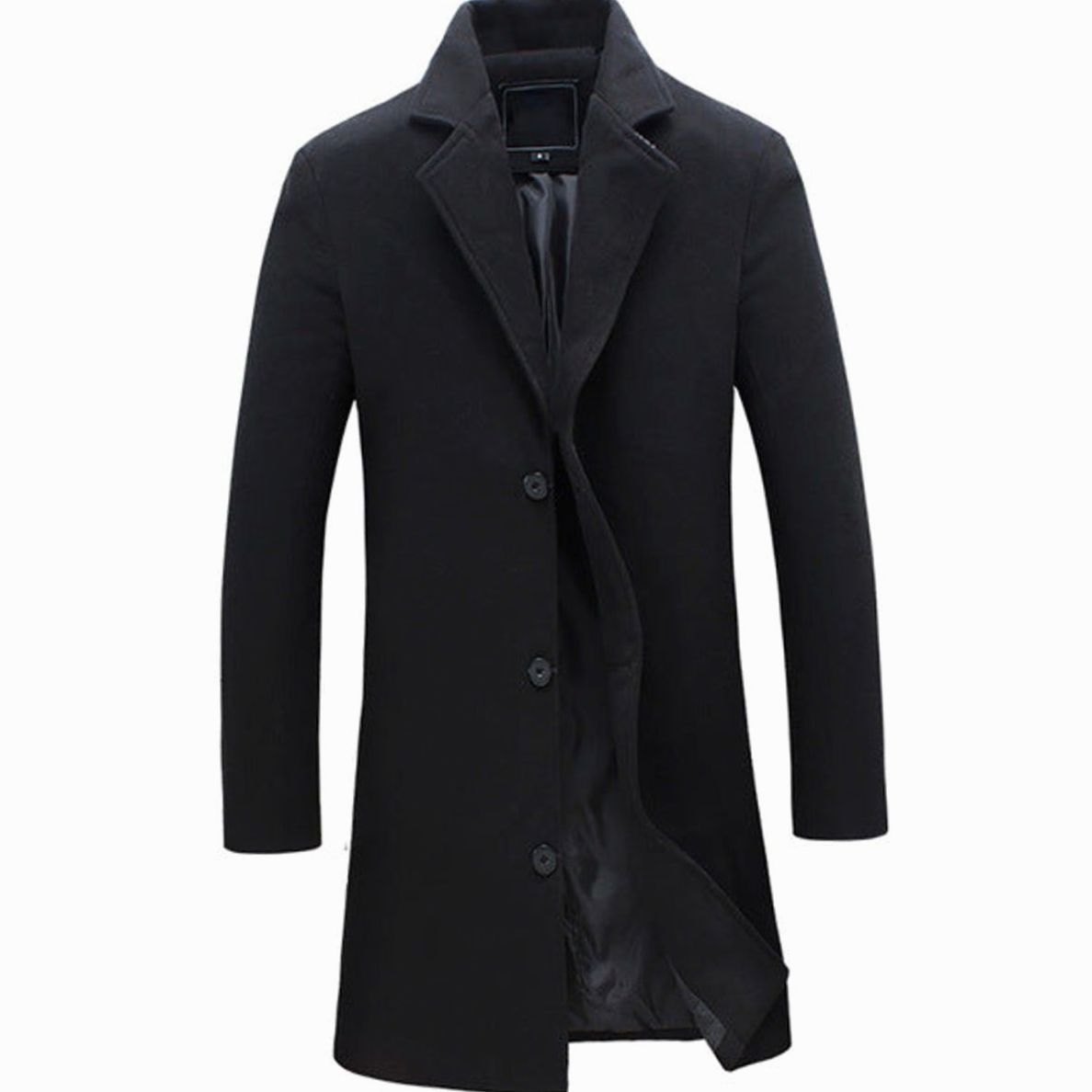 Men's Cold Weather Tailored Wool-Feel Long Trench Coat - Black