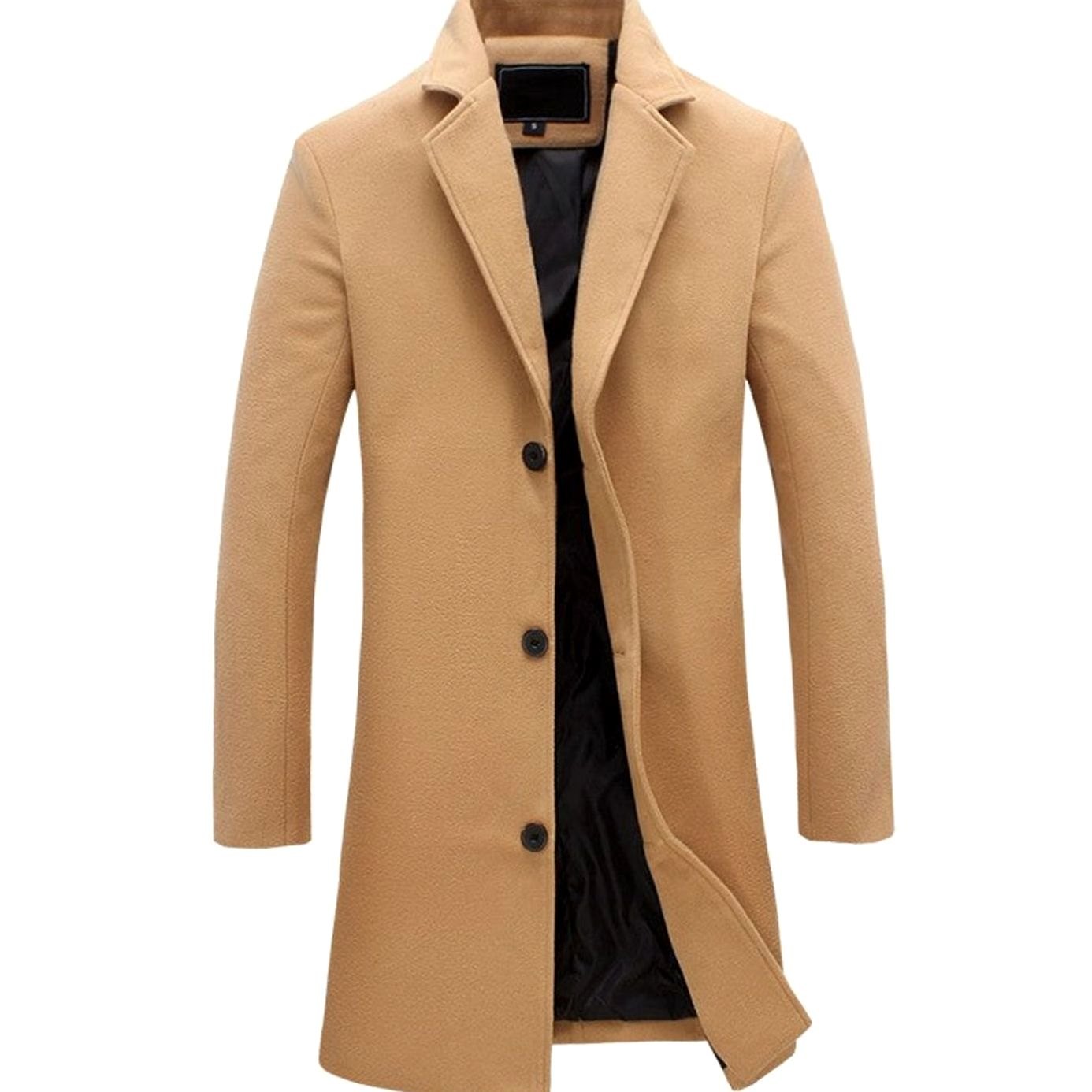 Men's Cold Weather Tailored Wool-Feel Long Trench Coat - Khaki