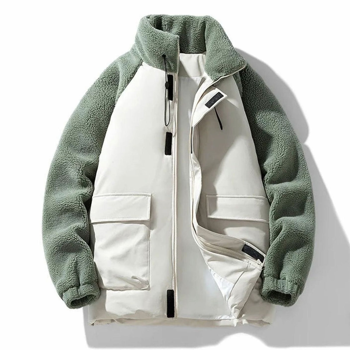 Men's Colour-Block Sherpa Fleece Insulated Winter Jacket - Green