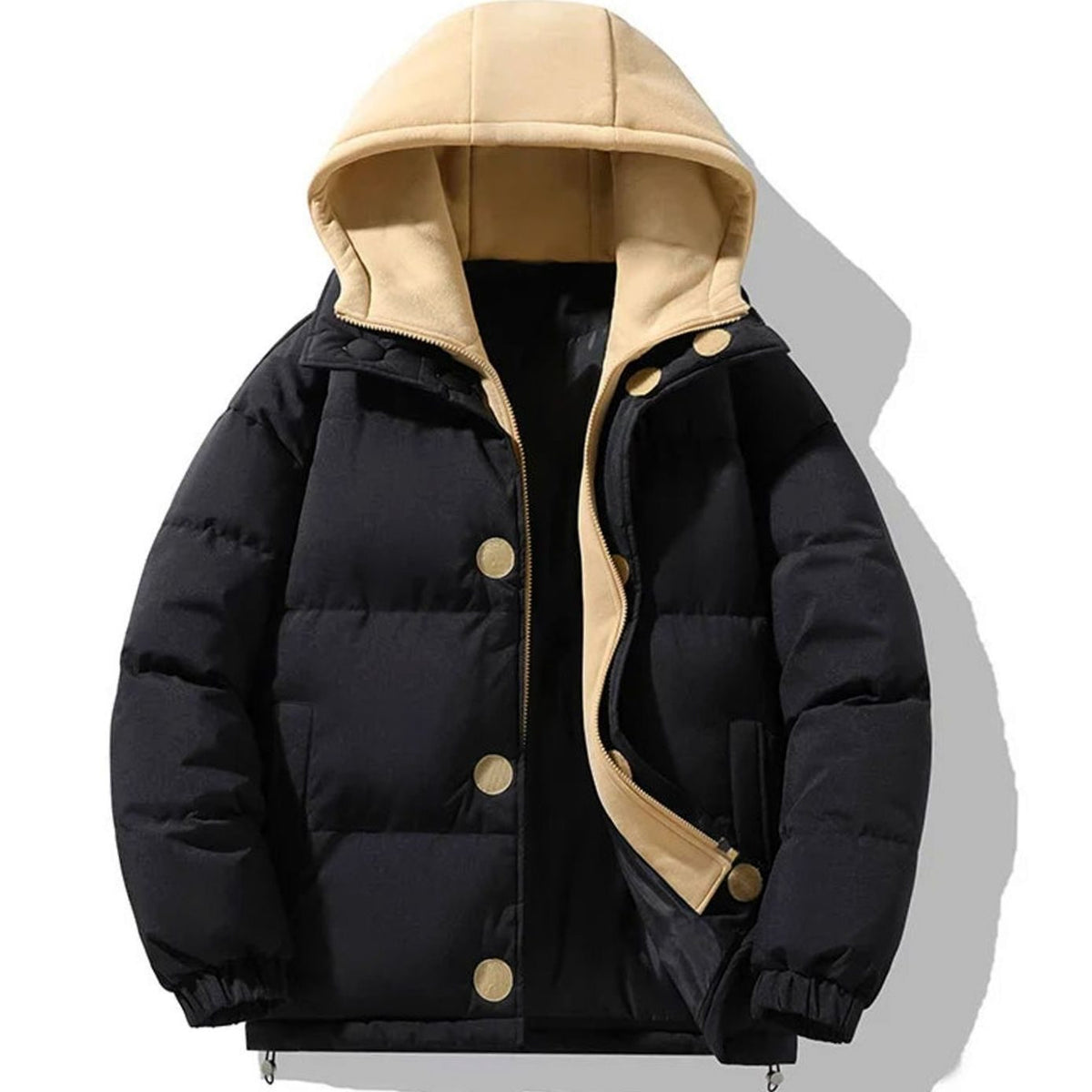 Men's Contrast-Hood Insulated Puffer Jacket - Black