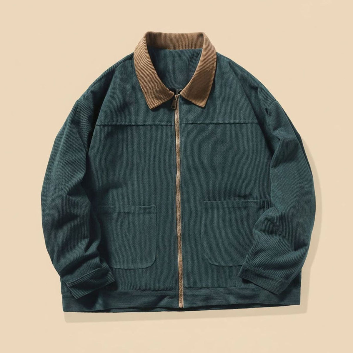 Men's Corduroy Contrast-Collar Full-Zip Workwear Jacket - Green
